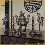 Bộ ngũ sự đồng đỏ khảm ngũ sắc song long chầu nguyệt 50cm