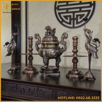 Bộ ngũ sự đồng đỏ khảm ngũ sắc song long chầu nguyệt 50cm