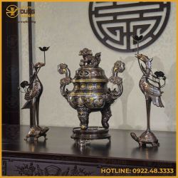 Bộ tam sự hạc đồng đỏ khảm ngũ sắc song long chầu nguyệt 50cm