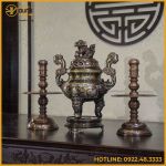 Bộ tam sự nến đồng đỏ khảm ngũ sắc song long chầu nguyệt 50cm