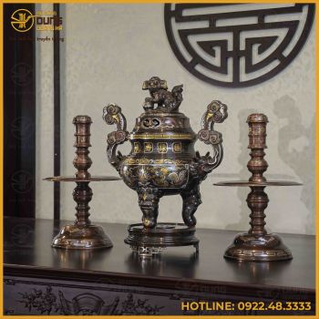 Bộ tam sự nến đồng đỏ khảm ngũ sắc song long chầu nguyệt 50cm