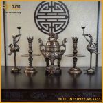 Bộ ngũ sự đồng đỏ khảm tam khí kỹ chạm sòi 60cm