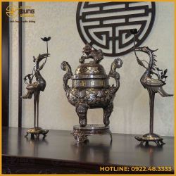Bộ tam sự hạc đồng đỏ khảm tam khí kỹ chạm sòi 60cm