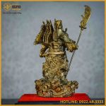 Tượng Quan Công 5 cờ đồng vàng cao 25cm ngang 14cm sâu 12cm