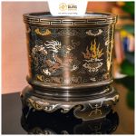 Bát hương đẹp bằng đồng chạm rồng phượng khảm ngũ sắc 23cm