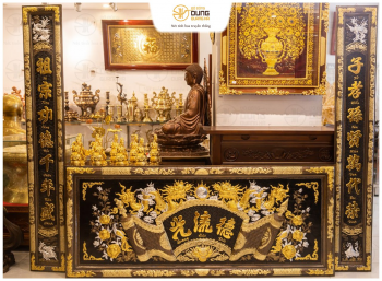 Bộ đại tự câu đối đồng 1m97 phòng thờ gia tiên khảm tam khí