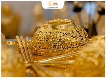 Bộ mâm bát đũa thờ cúng bằng đồng vàng mạ vàng 24k