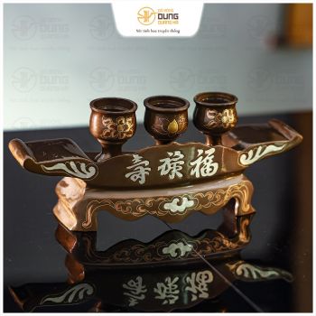 Bộ ngai 3 chén thờ Phúc Lộc Thọ chữ Hán bằng đồng khảm tam khí