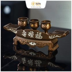 Bộ ngai 3 chén thờ Phúc Lộc Thọ chữ Hán bằng đồng khảm tam khí