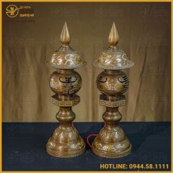 Đèn thờ đồng đỏ khảm tam khí đầy đủ kích thước