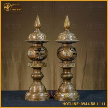 Đèn thờ đồng đỏ khảm tam khí đầy đủ kích thước