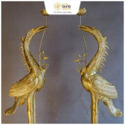 Đôi hạc thờ gia tiên ngậm cành sen bằng đồng vàng catut