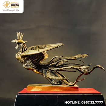 Tượng Phượng Hoàng bằng đồng vàng kích thước 18x29x22cm
