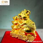 Tượng chuột bên thỏi Kim Nguyên Bảo bằng đồng vàng kích thước 20cm