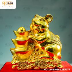 Tượng chuột bên thỏi Kim Nguyên Bảo bằng đồng vàng kích thước 20cm