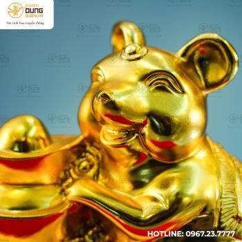 Tượng chuột bên thỏi Kim Nguyên Bảo bằng đồng vàng kích thước 20cm