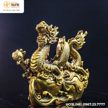 Tượng linh vật rồng hồ lô bằng đồng vàng kích thước 42x52x25cm nặng 12kg
