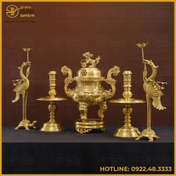 Bộ đỉnh đồng ngũ sự bằng đồng vàng mộc