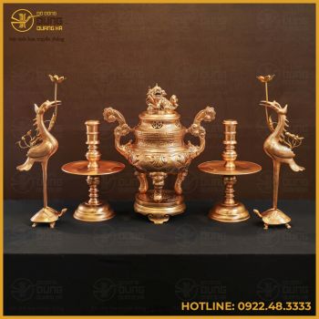 Bộ đỉnh đồng ngũ sự bằng đồng đỏ mộc