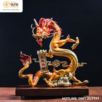 Tượng rồng cung hỷ phát tài bằng đồng vàng làm màu kích thước 45x25x15cm
