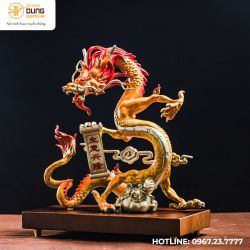 Tượng rồng cung hỷ phát tài bằng đồng vàng làm màu kích thước 45x25x15cm