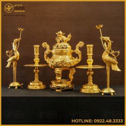 Bộ đỉnh đồng ngũ sự bằng đồng đỏ dát vàng