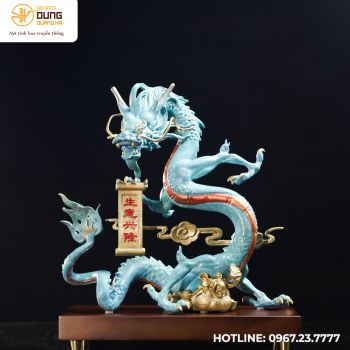 Tượng rồng cung hỷ phát tài bằng đồng vàng làm màu xanh ngọc kích thước 45x25x15cm