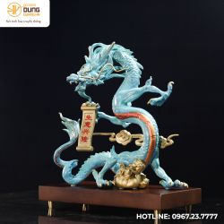 Tượng rồng cung hỷ phát tài bằng đồng vàng làm màu xanh ngọc kích thước 45x25x15cm