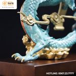 Tượng rồng cung hỷ phát tài bằng đồng vàng làm màu xanh ngọc kích thước 45x25x15cm