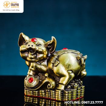 Tượng heo Như Ý bằng đồng vàng kích thước 14x14cm