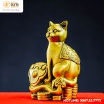 Tượng mèo Như Ý bằng đồng vàng kích thước 10x13cm