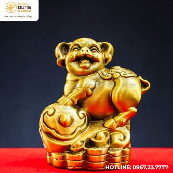 Tượng heo Như Ý bằng đồng vàng kích thước 12x10cm