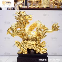 Tượng rồng vờn địa cầu bằng đồng đỏ dát vàng cao 70cm ngang 90cm