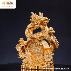 Tượng rồng nhả ngọc bằng đồng vàng dát vàng cao 40cm ngang 38cm