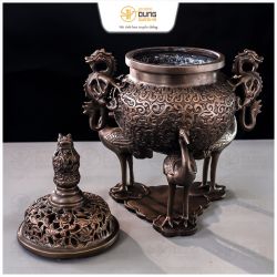 Lư đốt trầm hương bằng đồng đỏ nắp rồng chân hạc 40x34cm