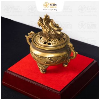 Lư đốt trầm hương đầu rồng bằng đồng vàng size 16*18cm