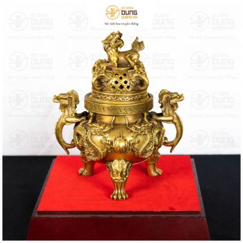 Lư xông trầm đồng vàng mộc nắp nghê sang trọng