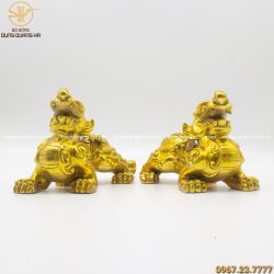 Cặp tượng Tỳ Hưu bằng đồng vàng mộc cao 16cm dài 26cm