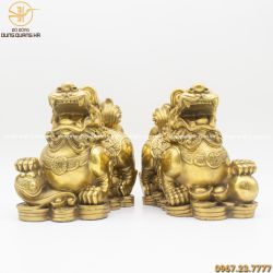 Cặp Tỳ Hưu bằng đồng vàng mộc cao 25cm - linh vật ý nghĩa