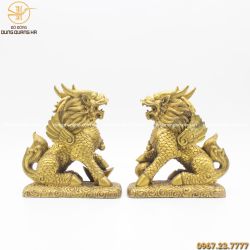 Tượng đôi Kỳ Lân phong thủy đế liền đồng cao 15cm dài 18cm