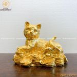 Tượng mèo bằng đồng đỏ dát vàng 9999 cao 32cm ngang 38cm