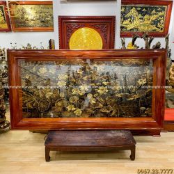 Tranh hoa sen bằng đồng họa tiết xước chìm giả cổ 2m3 x 1m2