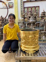 Bát hương đẹp bằng đồng đỏ đường kính 40cm thếp vàng 9999