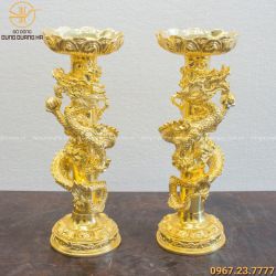 Chân nến đồng song long thờ cúng mạ vàng 24k độc đáo