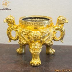 Lư hương bằng đồng song long chầu nguyệt mạ vàng 24k