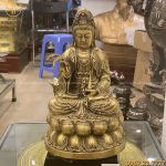 Tượng Phật Bà Quan Âm ngồi đài sen bằng đồng vàng cao 30cm