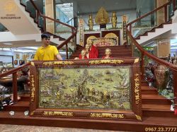 Tranh đồng Vinh Quy Bái Tổ khảm tam khí thếp vàng khung gỗ gụ