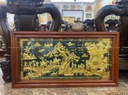 Tranh đồng Vinh Quy Bái Tổ thếp vàng 9999 nền xanh 1m7 x 90cm