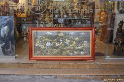 Tranh sen hạc bằng đồng khảm tam khí khung gỗ gụ độc đáo