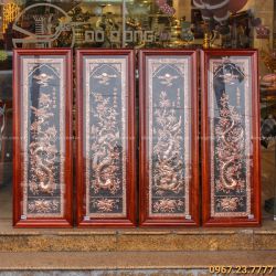 Tranh tứ quý bằng đồng đỏ màu mộc nền sơn đen tinh xảo